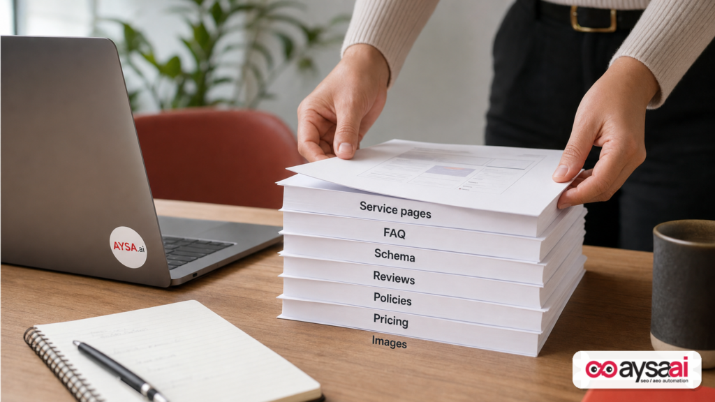 Stack of website optimization elements including service pages, FAQs, schema, and reviews.
