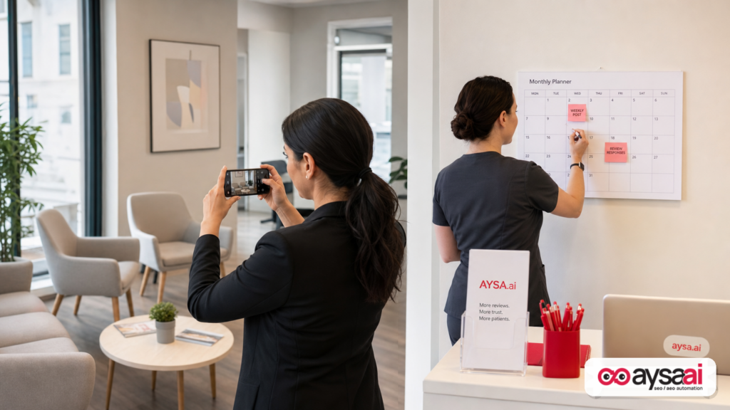 Staff creating fresh business photos and scheduling recurring profile tasks.