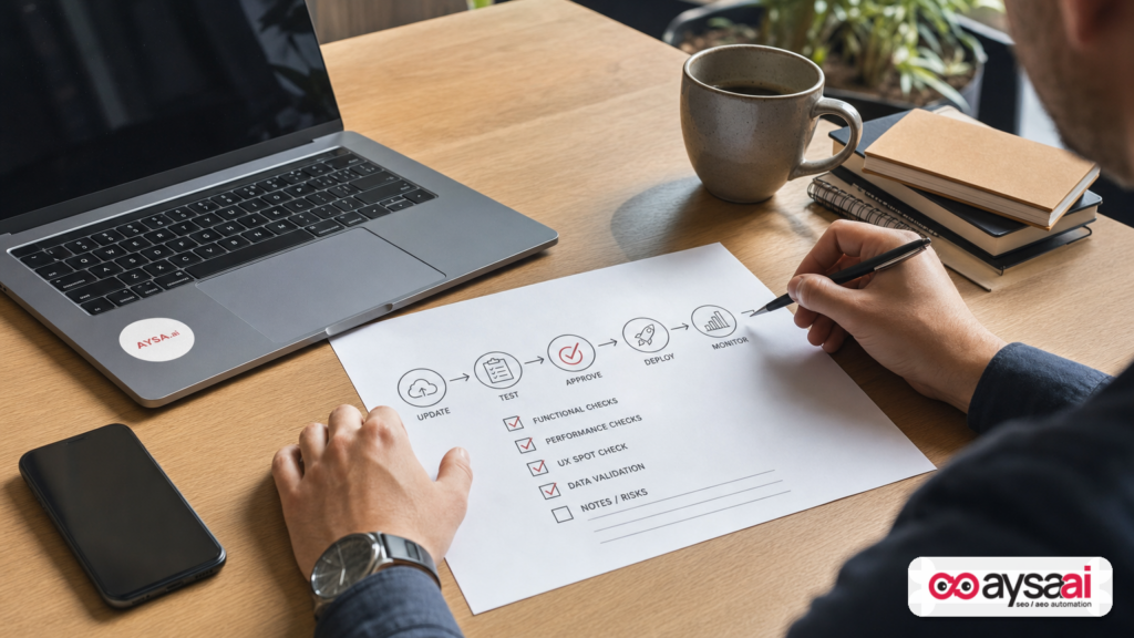 Staging workflow for WordPress updates with a test-and-approve deployment process.