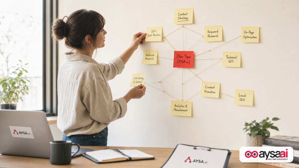 Sticky-note content cluster map arranged around a central pillar topic with supporting pages.