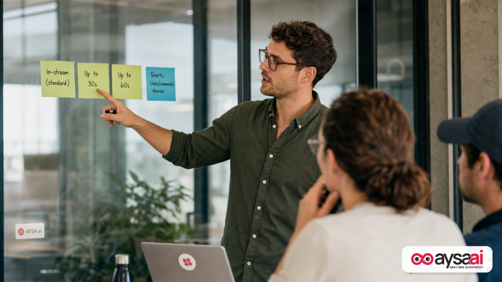 Sticky notes mapping YouTube ad duration segments and Shorts engagement metrics.