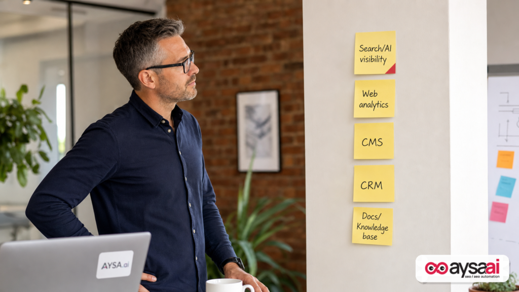 Sticky notes showing a prioritized list of data sources to connect to an AI assistant.