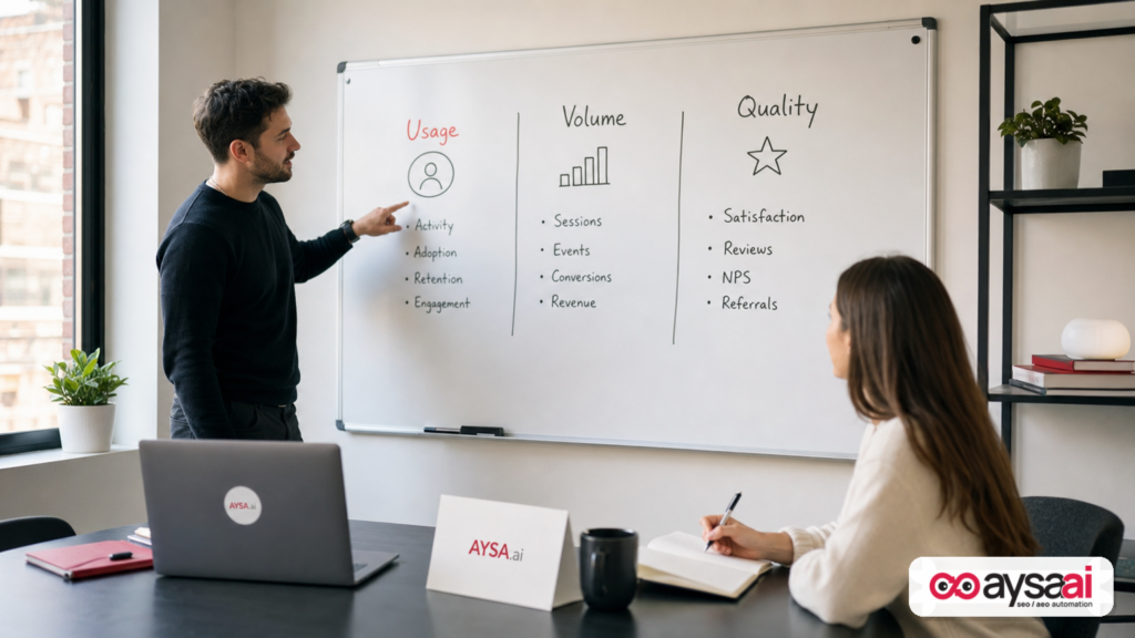 Strategist explaining three columns on a whiteboard labeled Usage, Volume, and Quality.