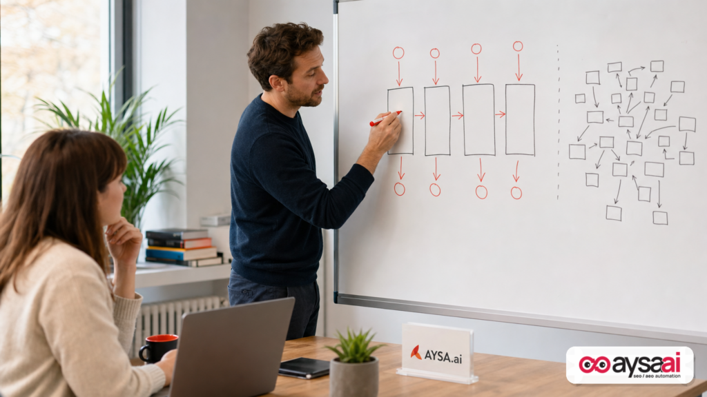 Strategist illustrating consolidated vs fragmented Google Ads campaign structures as data containers.