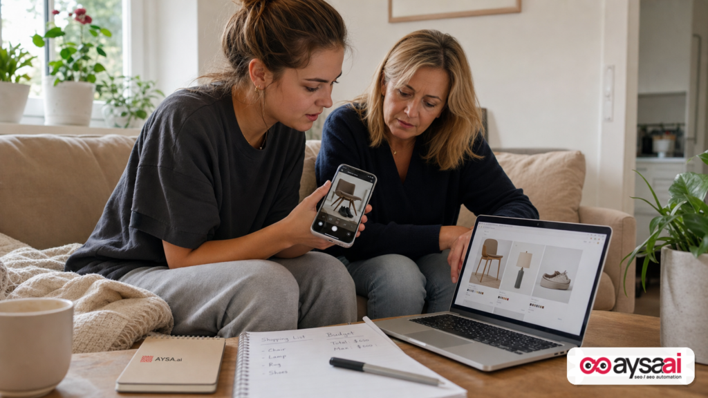 Student and parent comparing products and using a phone camera for visual search while tracking a budget list.