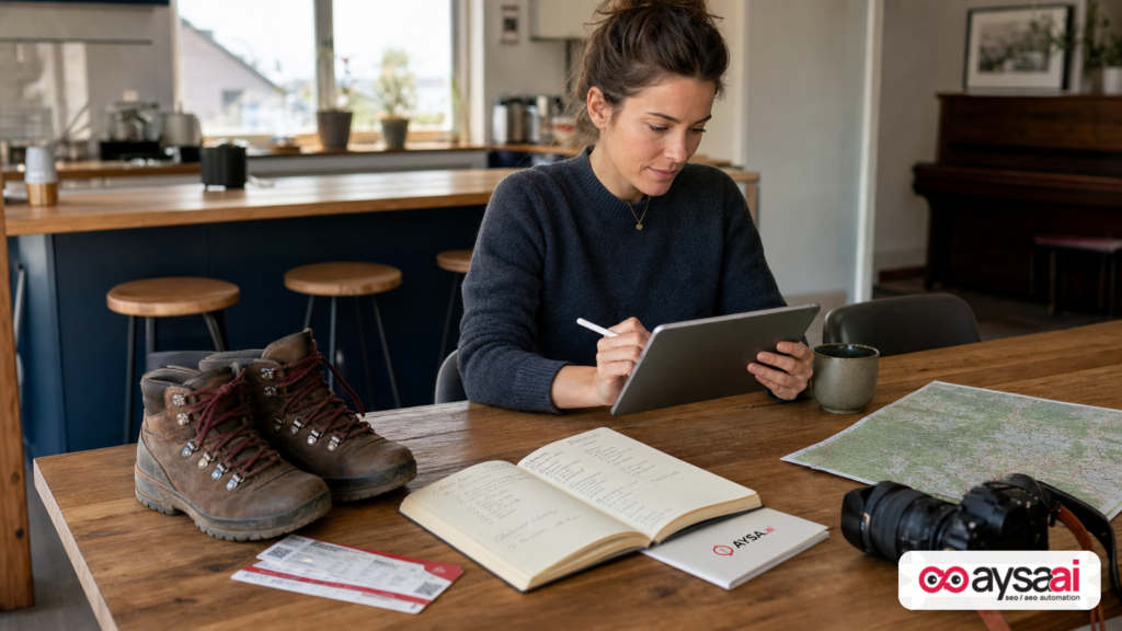 Tabletop scene combining outdoor gear, event tickets, and planning notes representing AI Mode offline use cases.