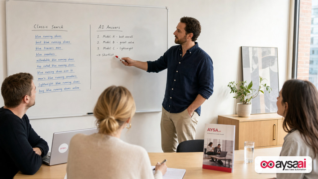 Team comparing classic search results versus AI answer shortlists on a whiteboard.