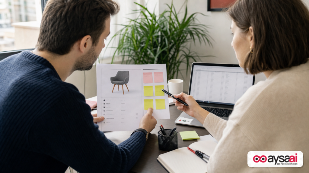 Team comparing product specifications with real customer decision questions at a desk.