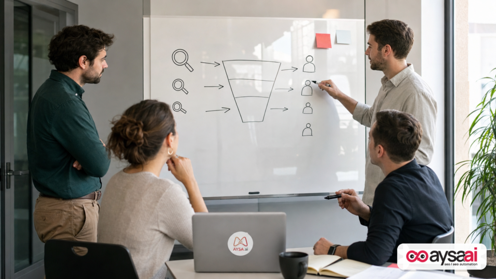 Team discussing a whiteboard diagram showing intent spectrum from search demand capture to audience-led demand creation.