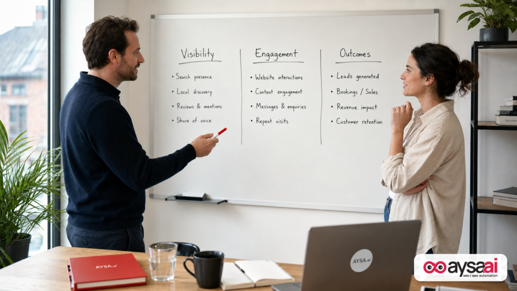 Team discussing a whiteboard framework for visibility, engagement, and outcomes metrics