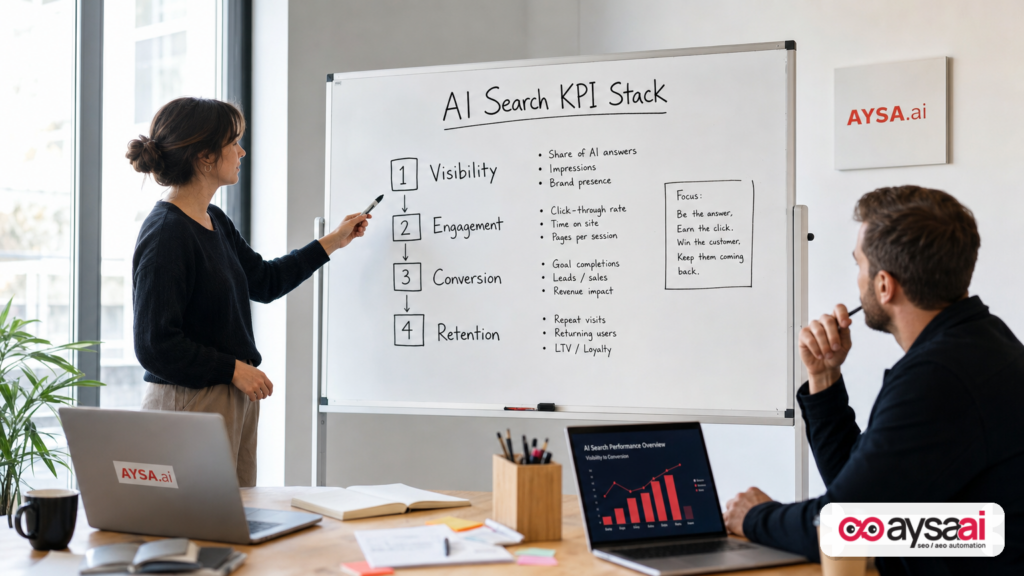 Team discussing an AI search KPI framework on a whiteboard.