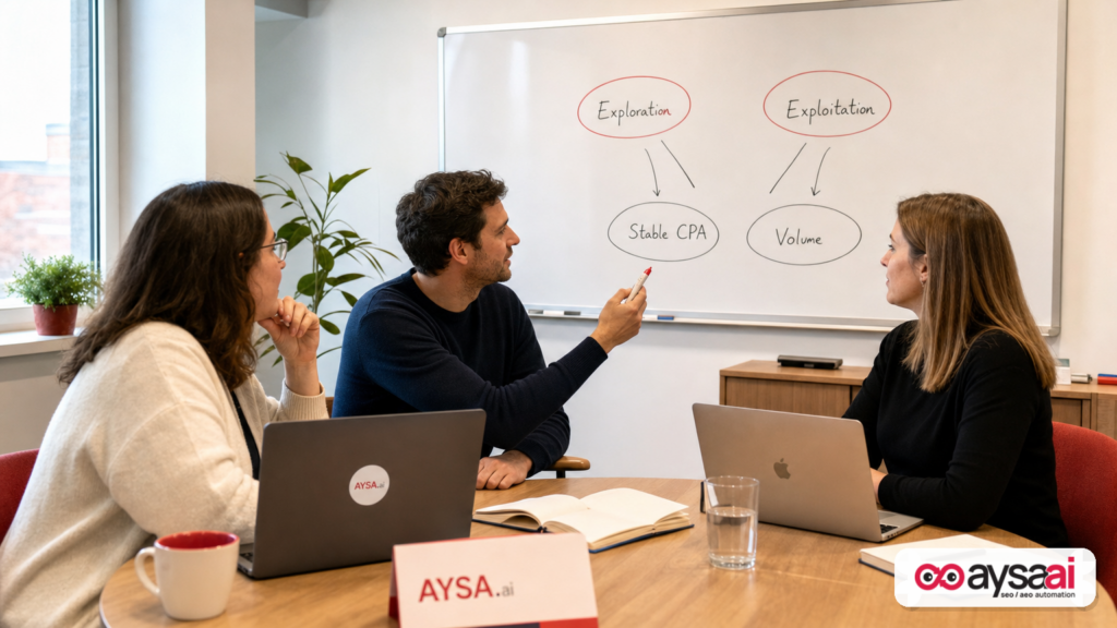 Team discussing exploration versus exploitation and the impact on CPA stability and conversion volume.