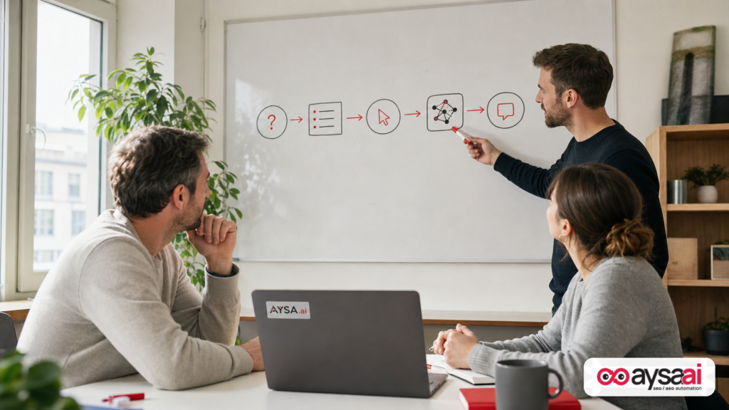 Team discussing how queries and clicks influence rankings and AI answers using a simple whiteboard flow.