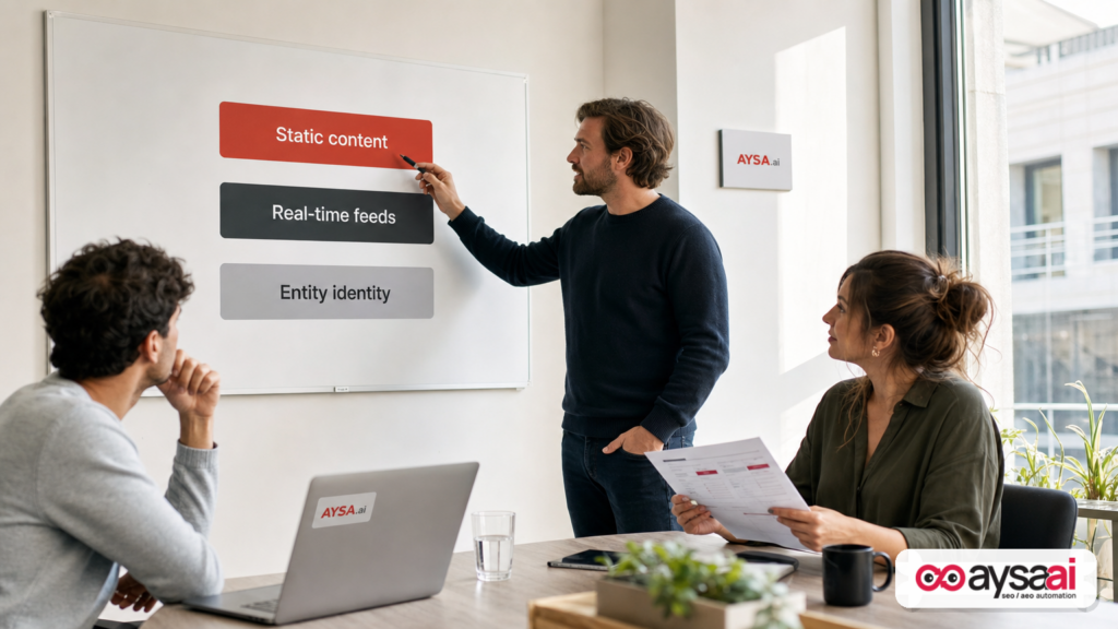 Team discussing three layers of product and brand data on a whiteboard: static content, real-time feeds, and entity identity.