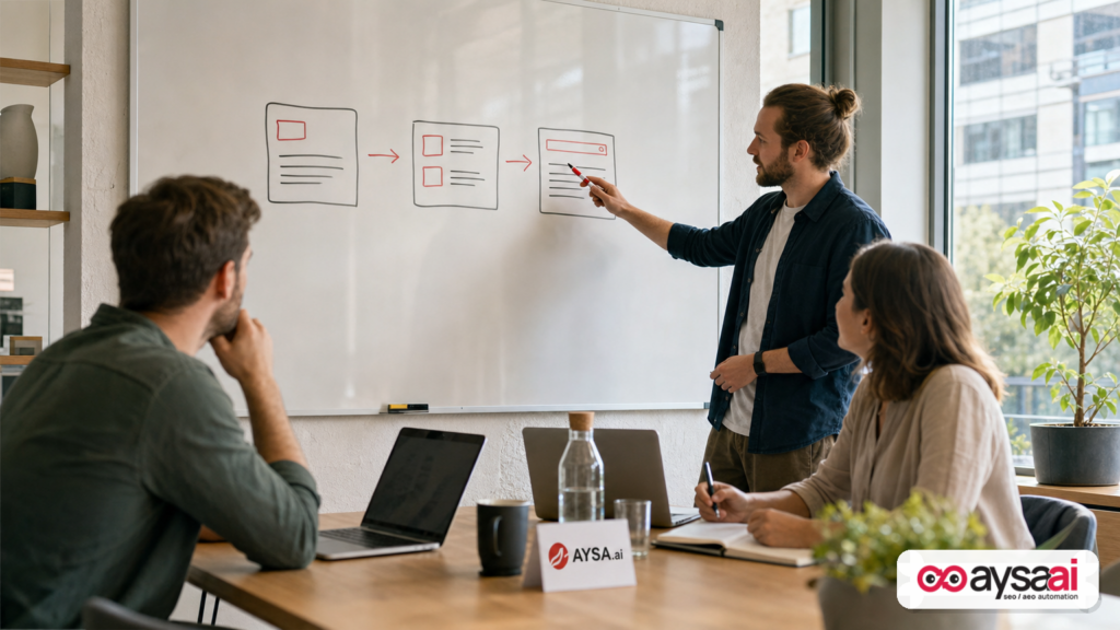 Team discussing three search visibility surfaces—AI summary, Top Stories, and web results—on a whiteboard.