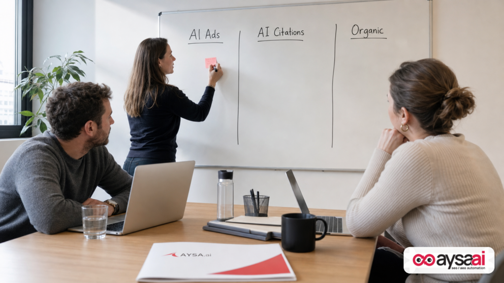 Team mapping AI ads, AI citations, and organic search as separate channels on a whiteboard.