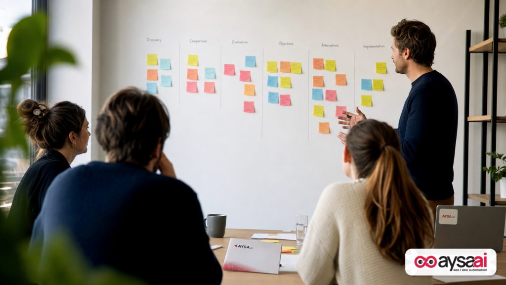 Team mapping AI prompt ideas by buying stage on a wall of sticky notes.