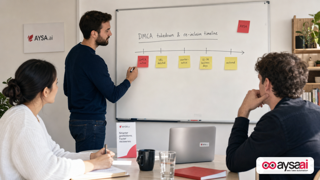 Team mapping a DMCA takedown timeline on a whiteboard with steps from notice to counter-notice and restoration.