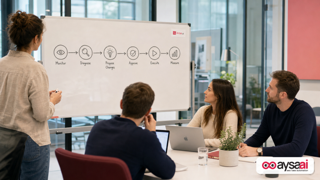 Team mapping a monitor-to-execution SEO workflow on a whiteboard.