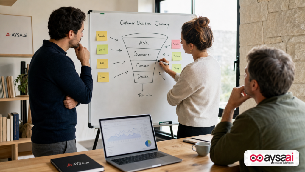 Team mapping a new decision funnel on a whiteboard for voice-driven AI search