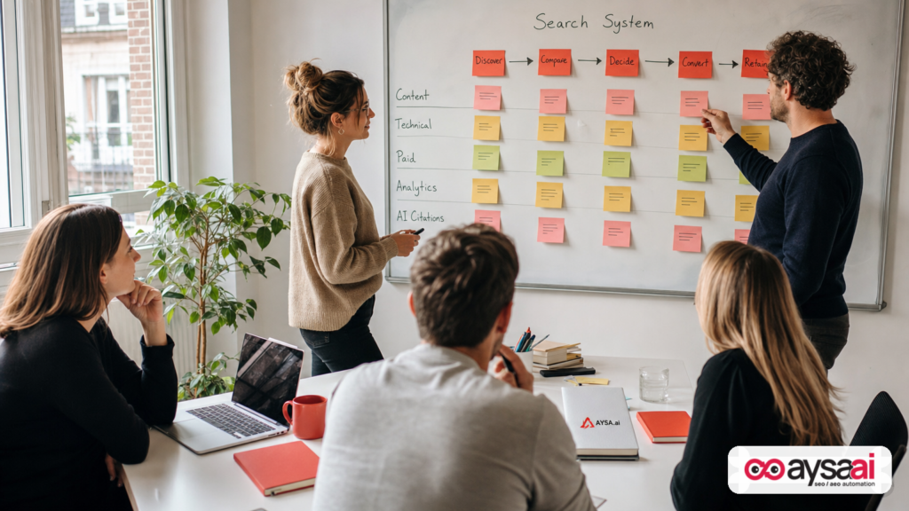 Team mapping a search system workflow across content, technical SEO, paid search, analytics, and AI citations.