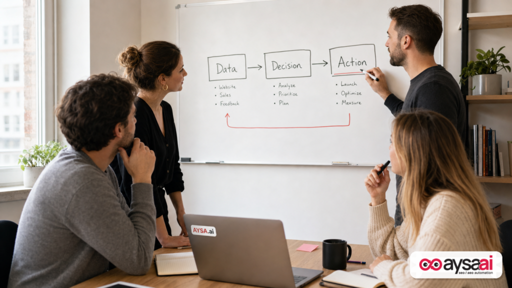 Team mapping a simple data-to-action workflow on a whiteboard.