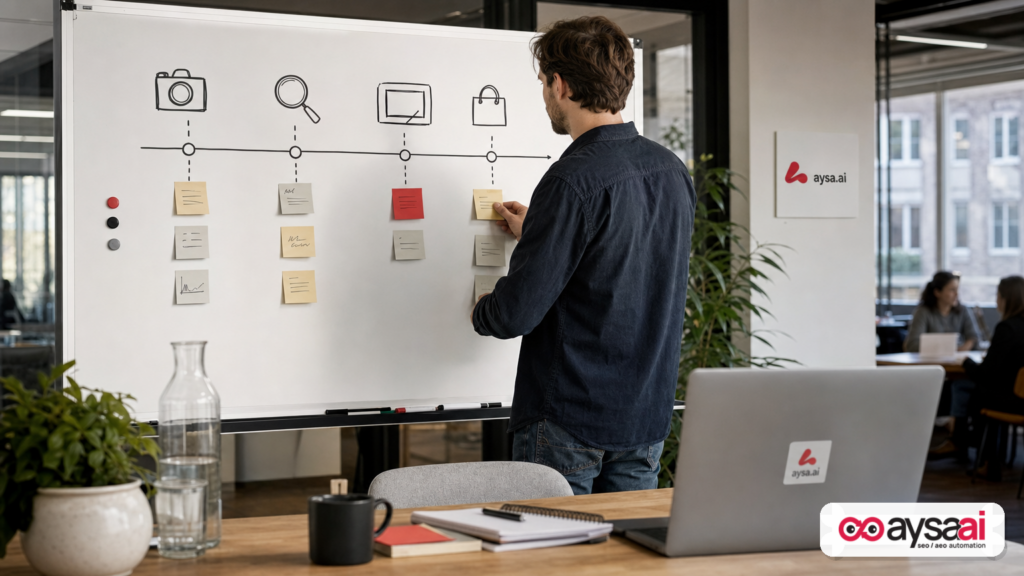 Team mapping a timeline of visual search milestones on a whiteboard.