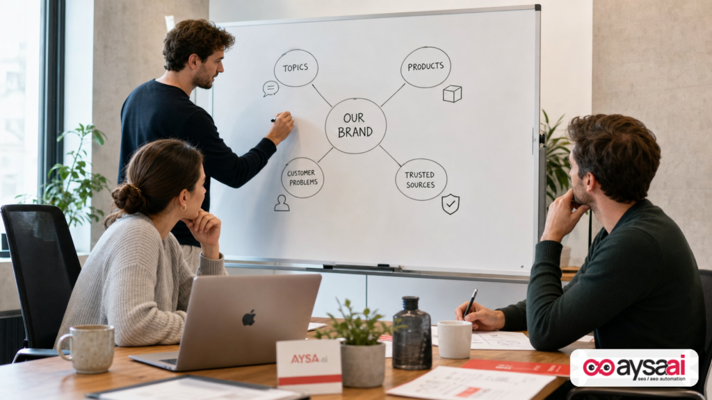 Team mapping brand entity associations to trusted sources on a whiteboard.