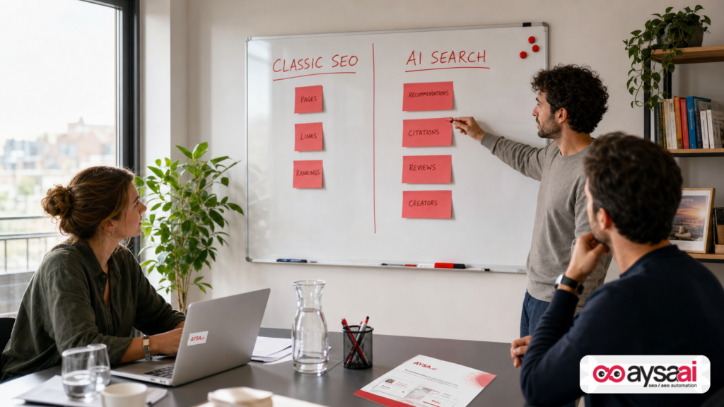 Team mapping classic SEO signals versus AI search recommendation signals on a whiteboard.