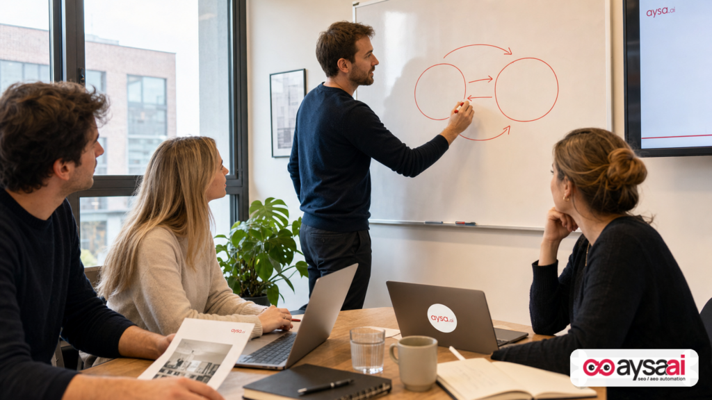 Team mapping customer wording to brand associations during an AI search strategy workshop.