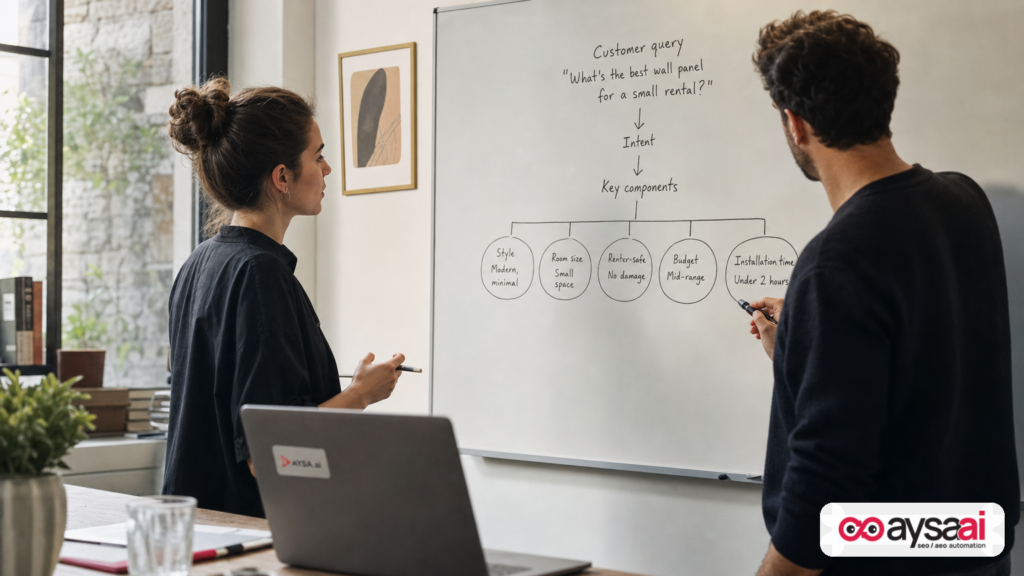 Team mapping dorm decor search intent into style and constraints on a whiteboard.