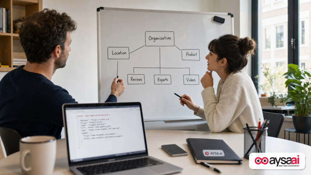 Team mapping entities and connections on a whiteboard to explain AI search understanding.