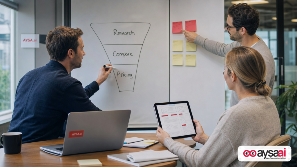 Team mapping how AI agents switch from first-party pages to third-party sources at the pricing step.