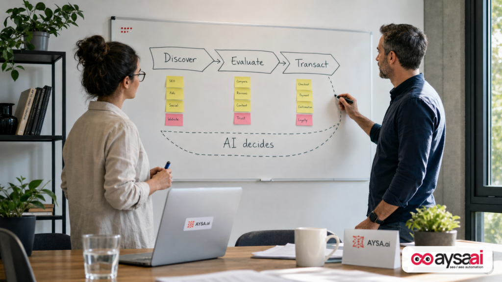 Team mapping how AI changes discovery, evaluation, and transactions for a small business.