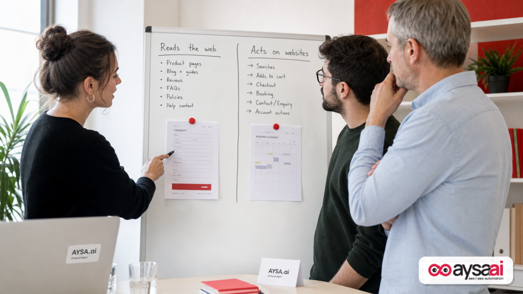 Team mapping the difference between AI that reads web content and AI that acts on websites to complete tasks.