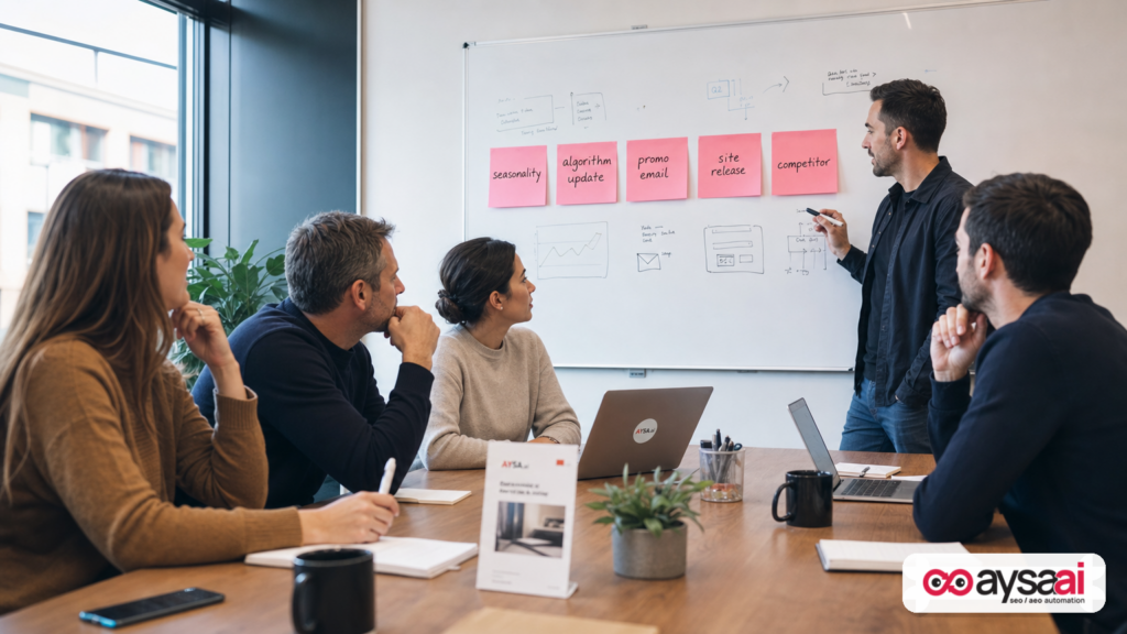 Team mapping the factors that can skew SEO test results, like seasonality and algorithm updates.