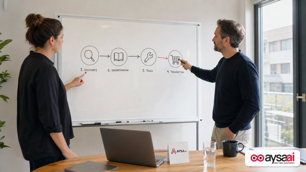 Team mapping the four stages of AI agent web interactions on a whiteboard.