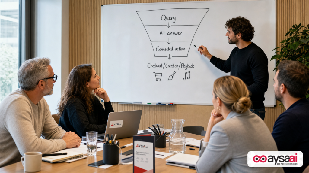Team mapping the new AI search flow from query to connected app action.