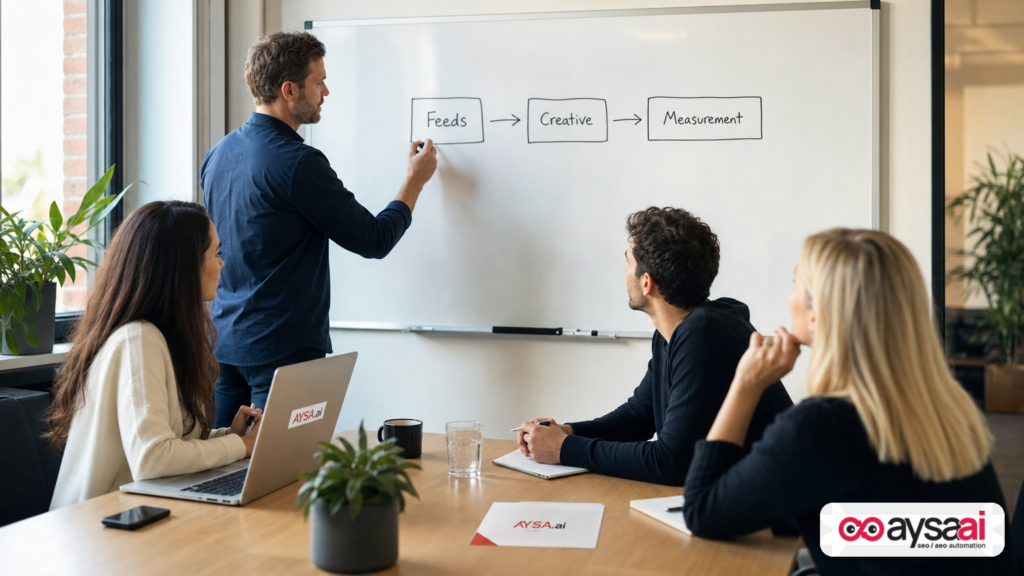 Team mapping the relationship between product feeds, creative, and measurement for AI-driven ads.