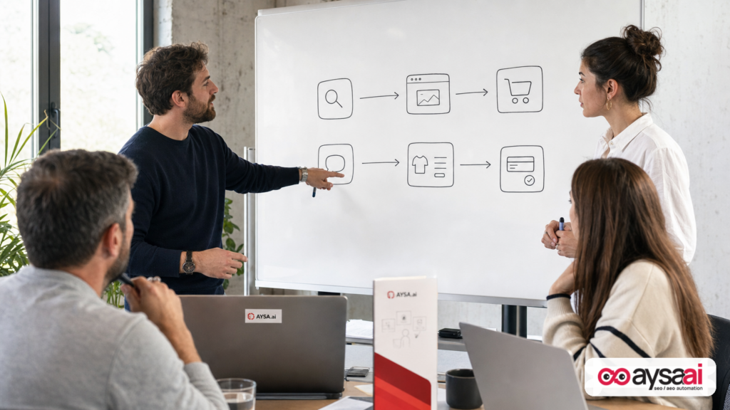 Team mapping the shift from website-first ecommerce to AI conversation-based buying on a whiteboard.