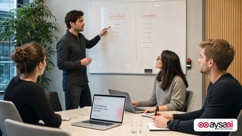 Team meeting around a whiteboard distinguishing qualified leads from converted calls.