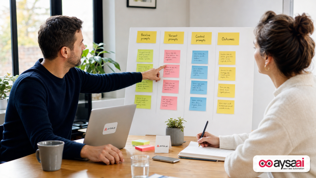 Team planning AI search testing with baseline and control prompt sets on a board.