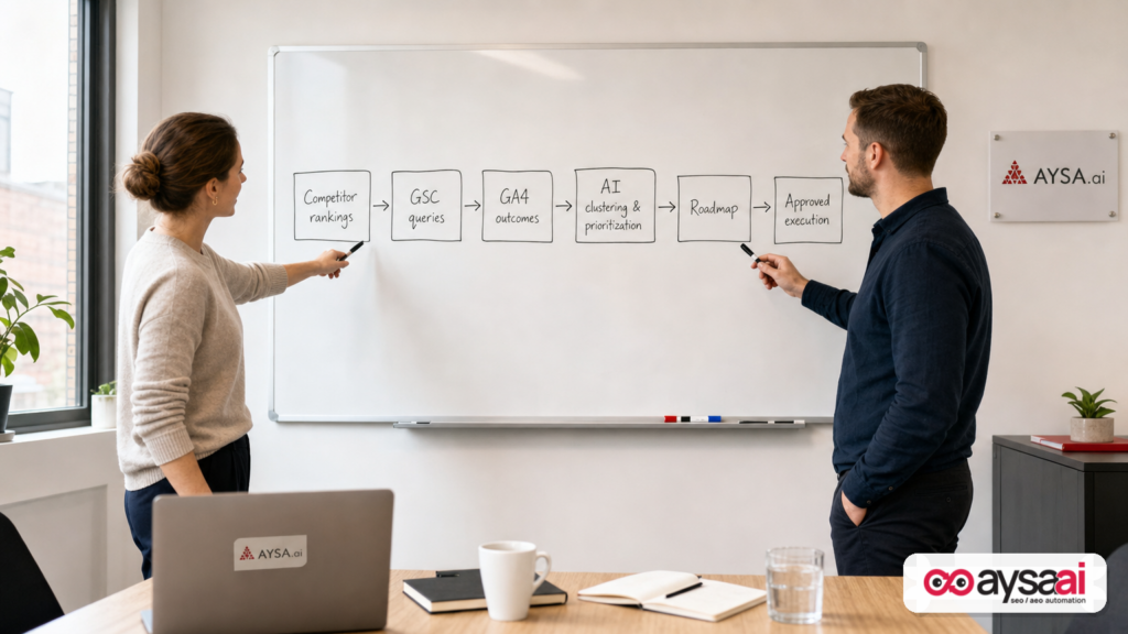 Team pointing at a whiteboard showing a content gap workflow from data to execution