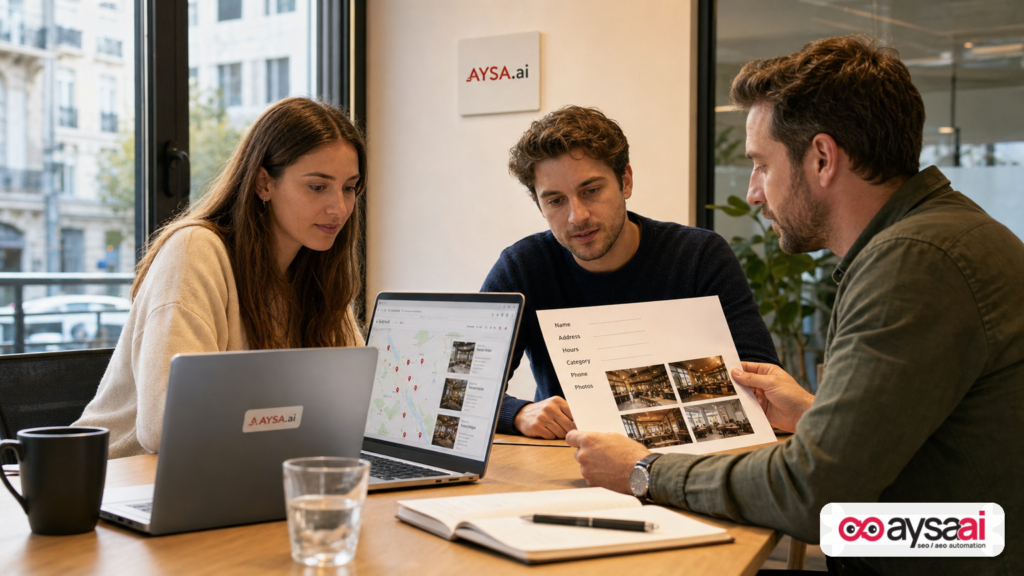 Team preparing accurate location details and photos for local listings before launching ads.