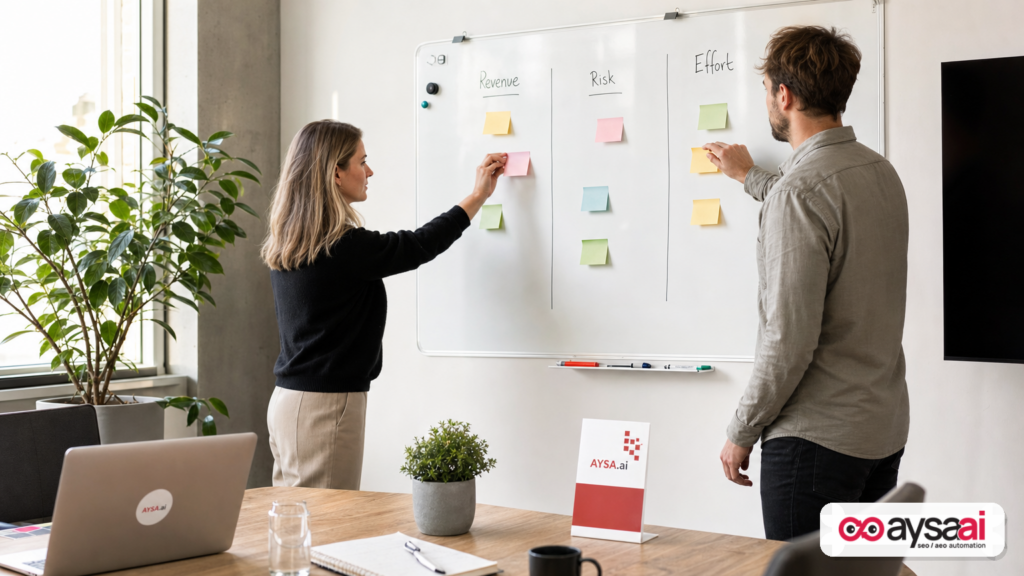 Team prioritizing SEO work using a revenue-risk-effort framework on a whiteboard.