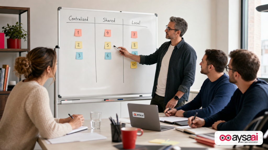 Team reviewing a centralized, shared, and local ownership matrix for global SEO governance.