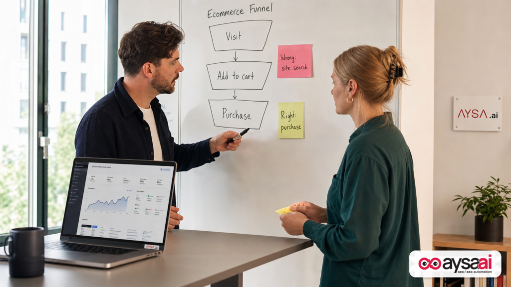 Team reviewing a conversion funnel on a whiteboard and correcting a mislabeled conversion event.