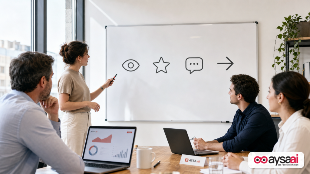 Team reviewing a four-pillar location performance model on a whiteboard.