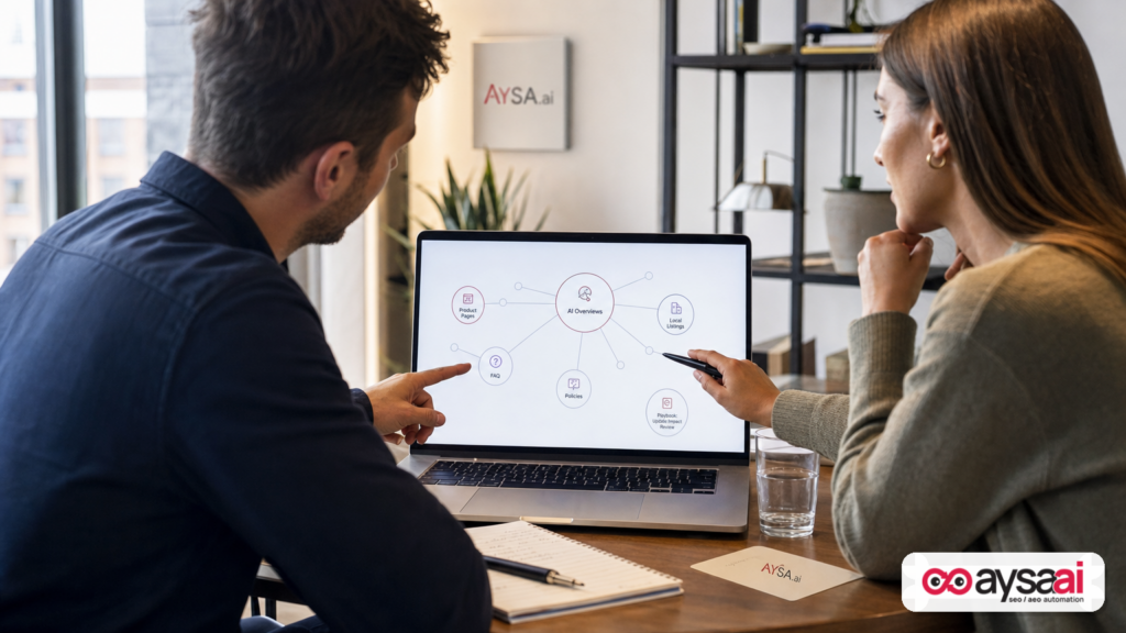 Team reviewing a simple knowledge graph connecting SEO concepts, references, and playbooks.