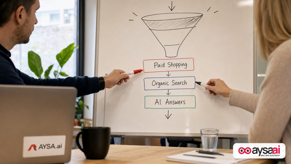 Team reviewing a simple visibility stack diagram that connects paid shopping, organic search, and AI answers.
